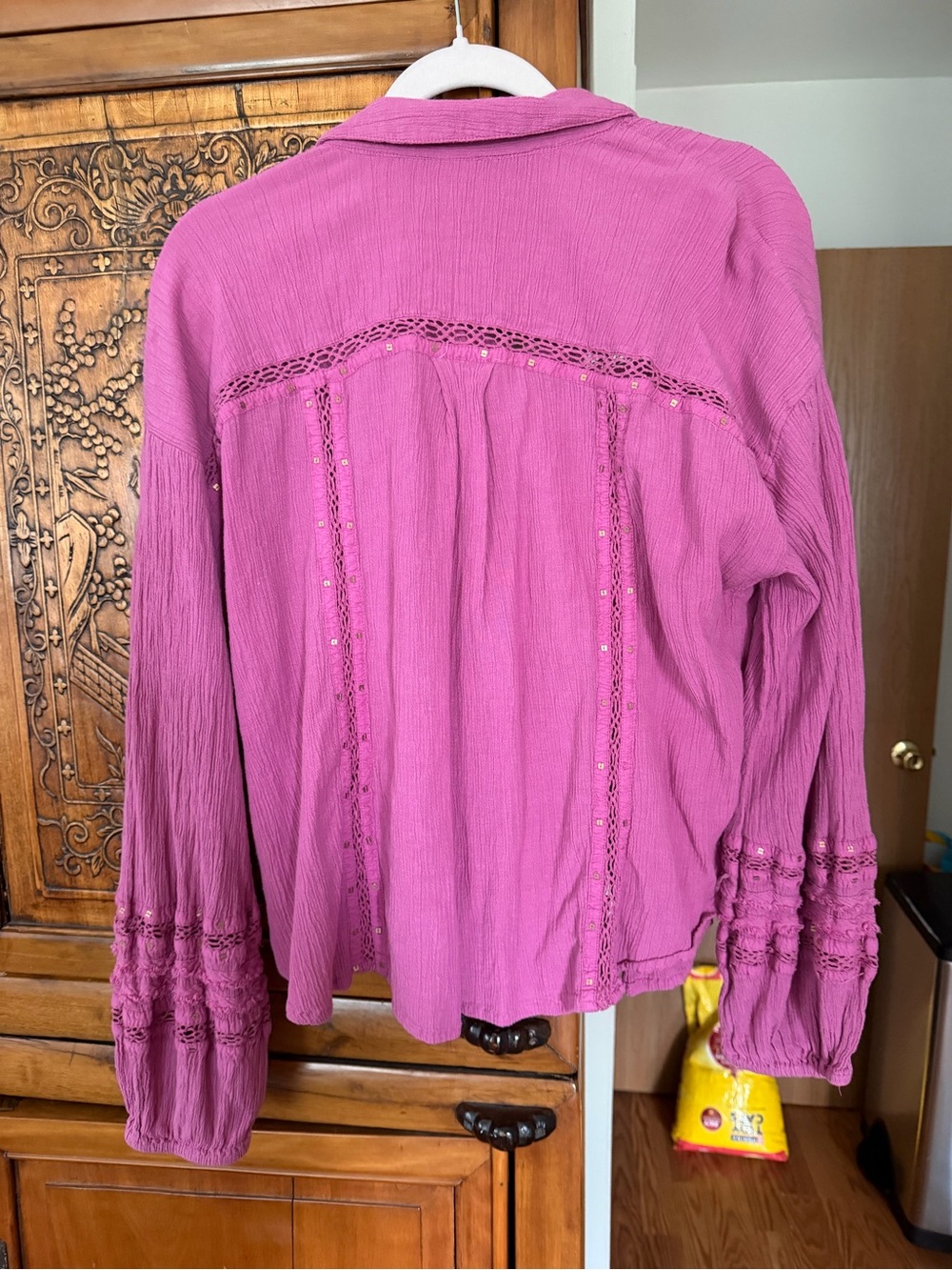 Free People Button-Front Lace Trim Shirt - Fuchsia Pink - Picture 2 of 4